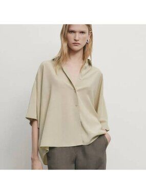 Massimo Dutti Button-Up Shirt Womens Small Tan Short Sleeve Collared 5115/577
